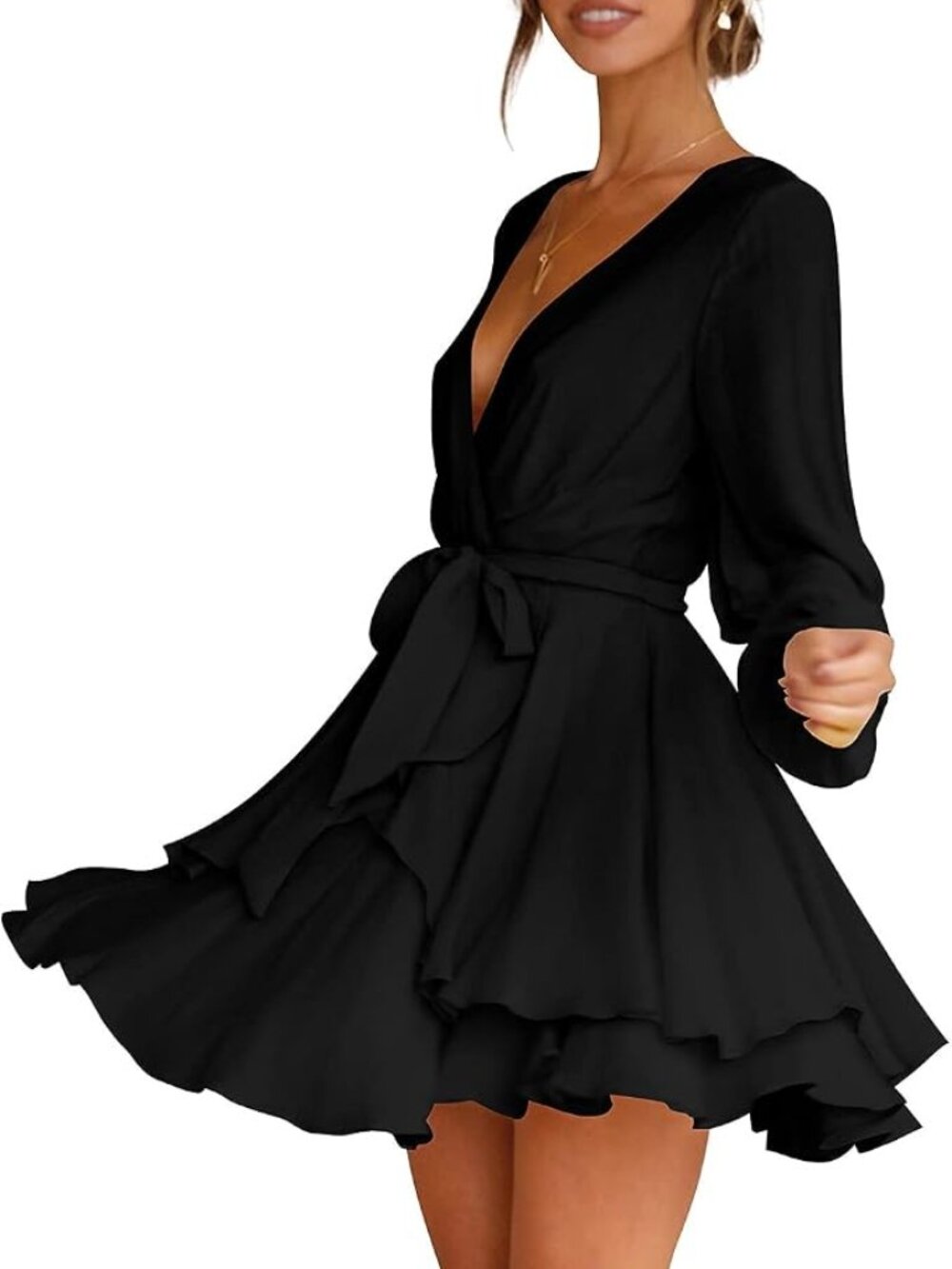 Cosonsen Women's Dress Deep V-Neck Long Sleeve Waist Tie Ruffle Mini Swing Skate